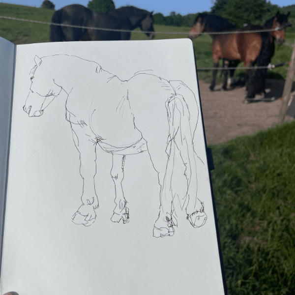 Gezeichnetes Pferd mit Pferd im Hintergrund